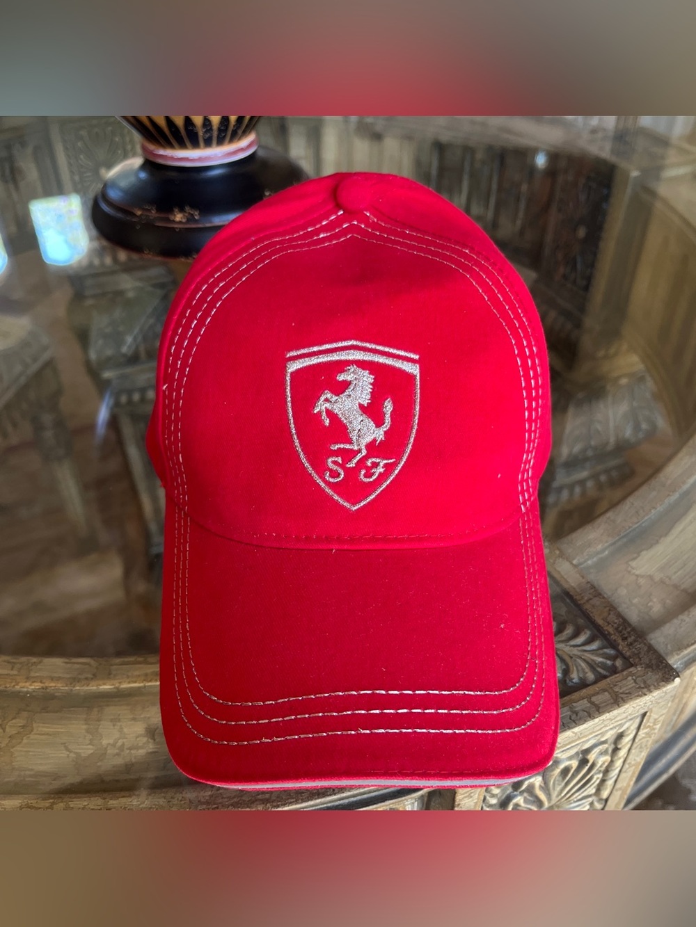 Red Baseball Cap with Silver Embroidered Shield Logo